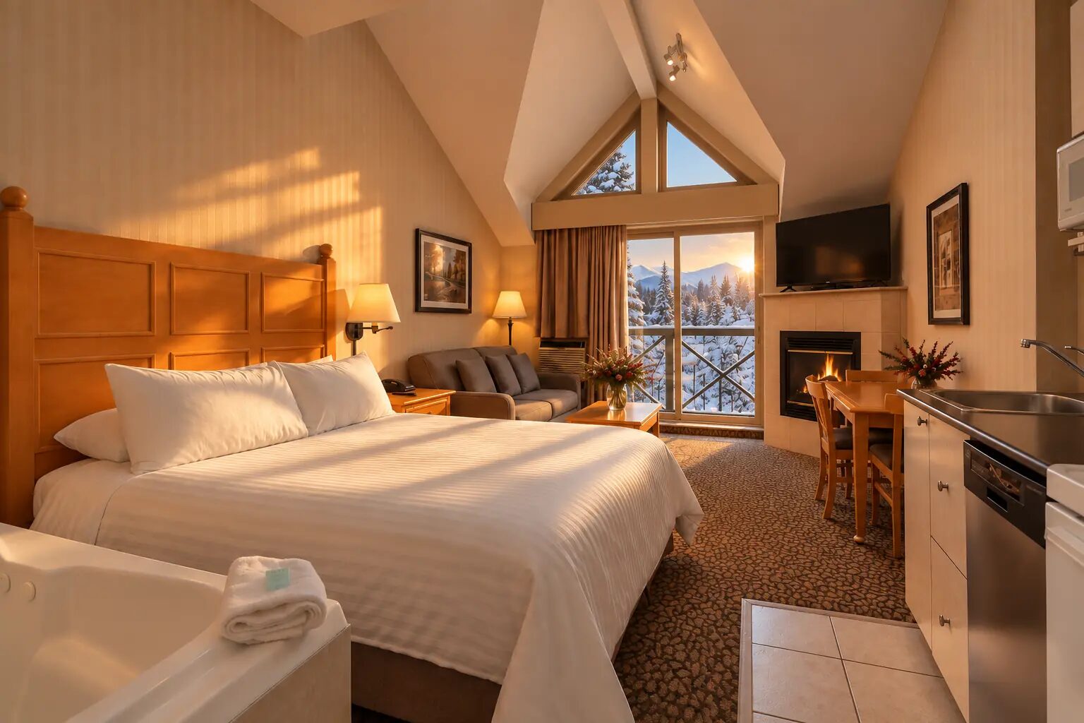 Cozy suite at Pinnacle Hotel Whistler Village with fireplace and mountain views