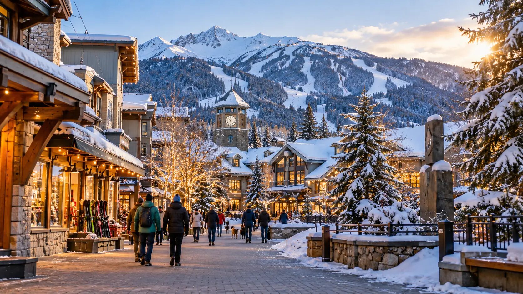 Whistler Village in winter with snow-covered trees, festive lights, and mountain views